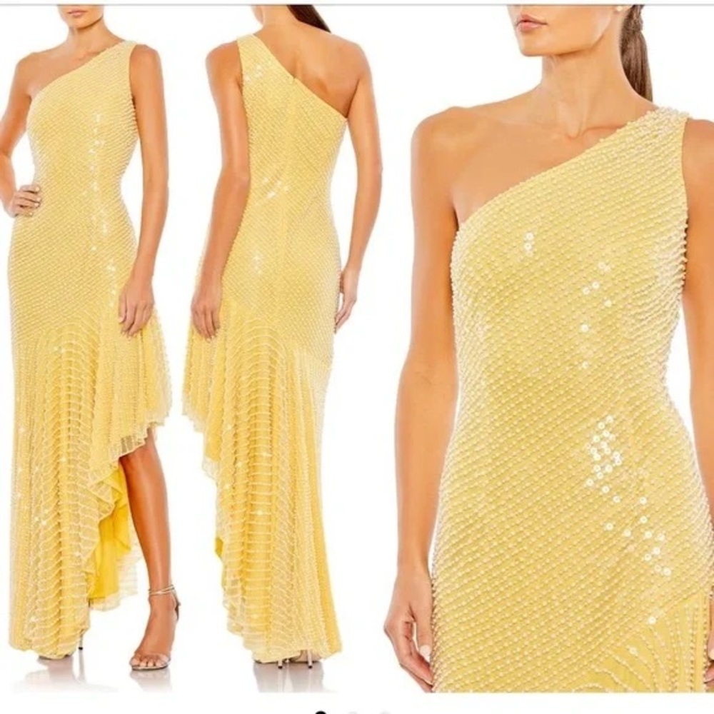 NWT Ieena for Mac Duggal Yellow One-Shoulder Asymmetric Pearl Beaded Gown Sz 12